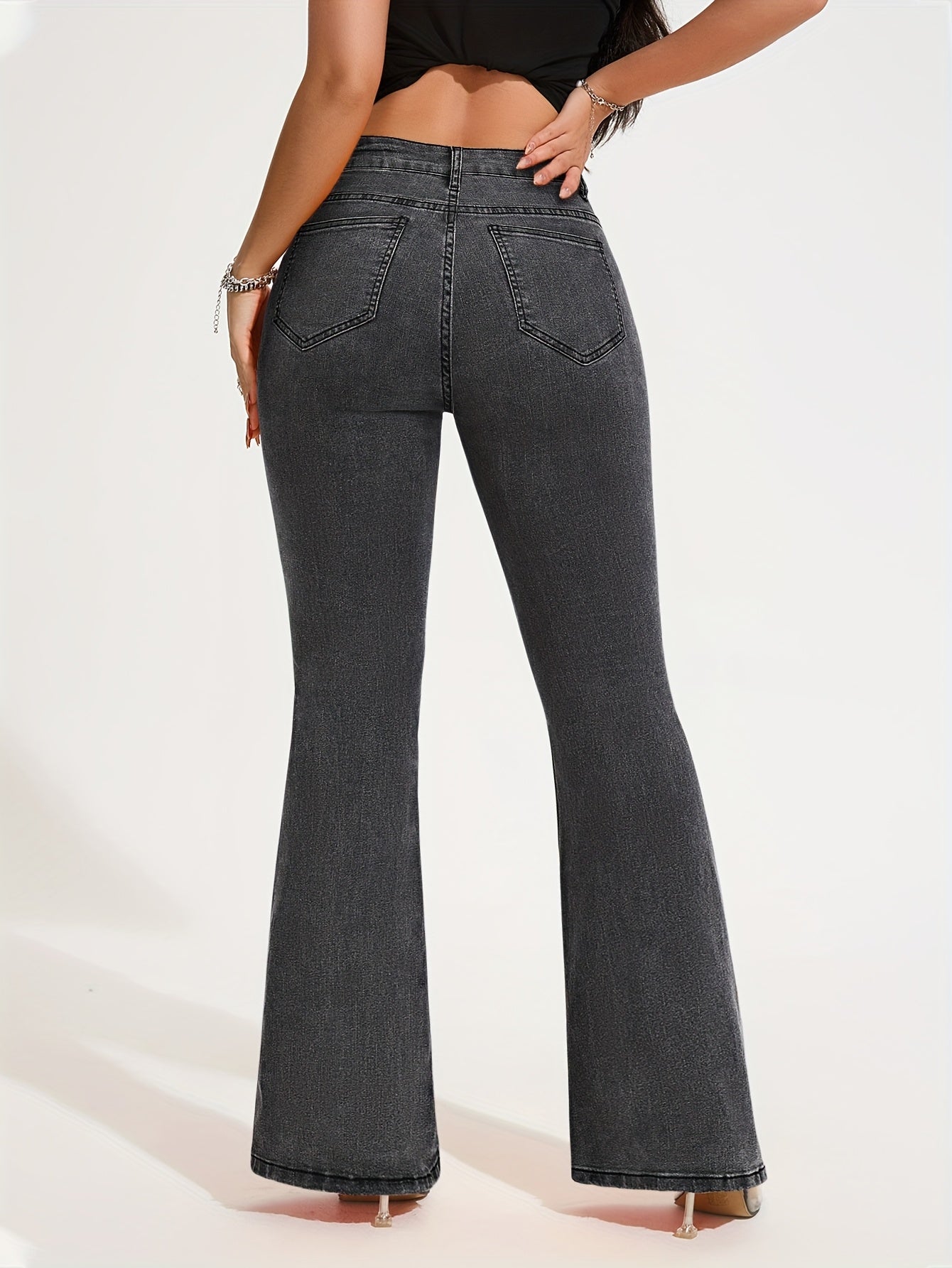 Jean évasé taille haute en denim stretch pour femme - Pantalon élégant gris délavé à jambes évasées avec fermeture à boutons, confortable en toute saison, jean taille haute