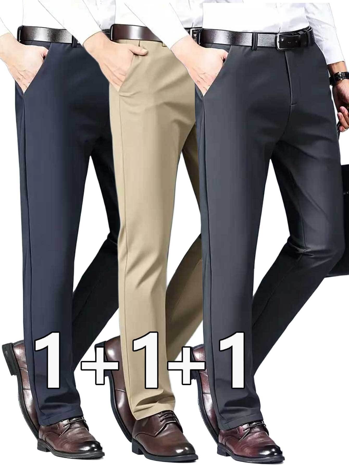 3pcs Pantalons Homme Classiques Stretch – Uni, Regular Fit, Tout Saison, Bureau & Casual