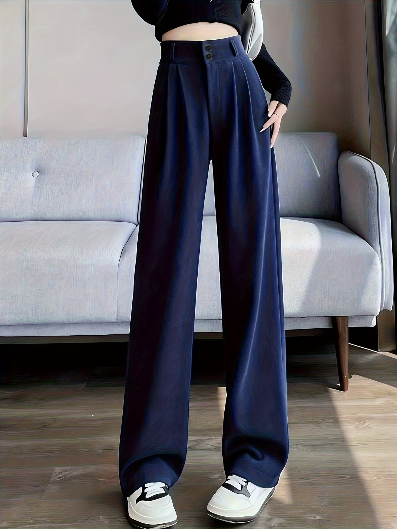 Pantalon Femme Jambe Large – Élégant, Taille Haute, Tissu Non Extensible, Bureau et Décontracté, Automne/Hiver