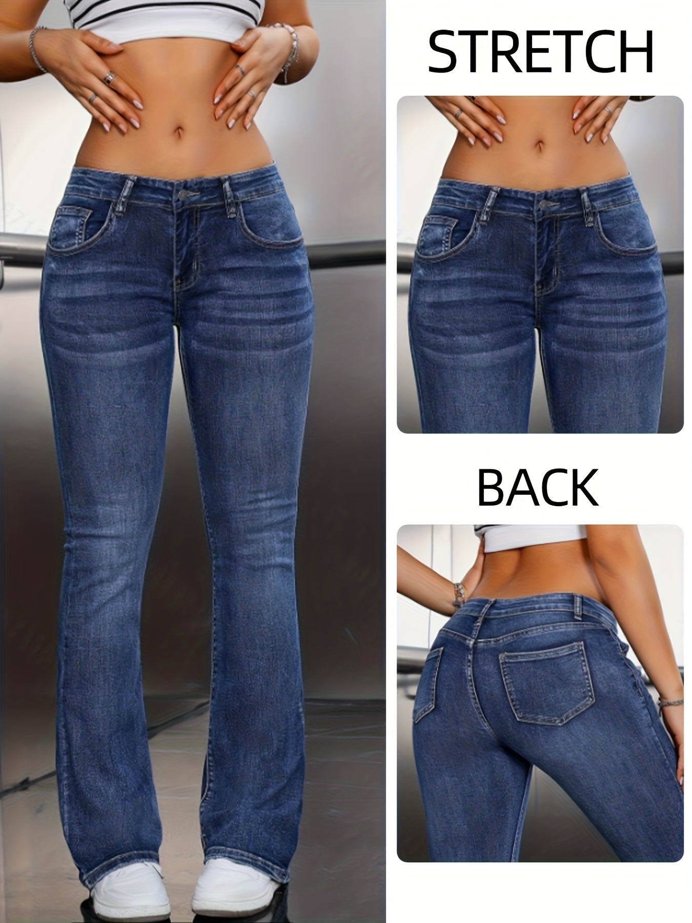 Jeans Femme Élégant Taille Basse Évasé Extensible Bell-Bottom Style Street Non Transparent Toute Saison