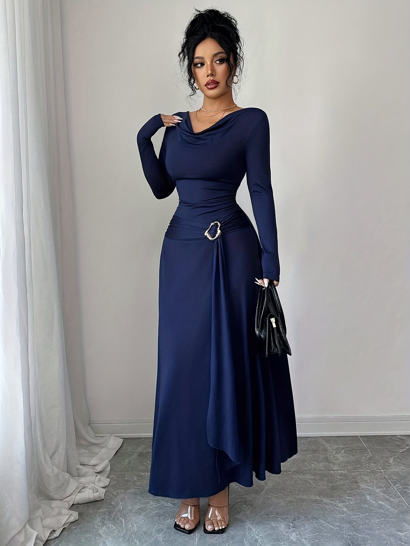 Women's Elegant Pile Neck Belted Wrinkle Dress - High-Elasticity Long Sleeve A-Line Maxi, Belted Waist Spring/Autumn Wedding Guest Party Attire, Machine Washable Solid Color Dress