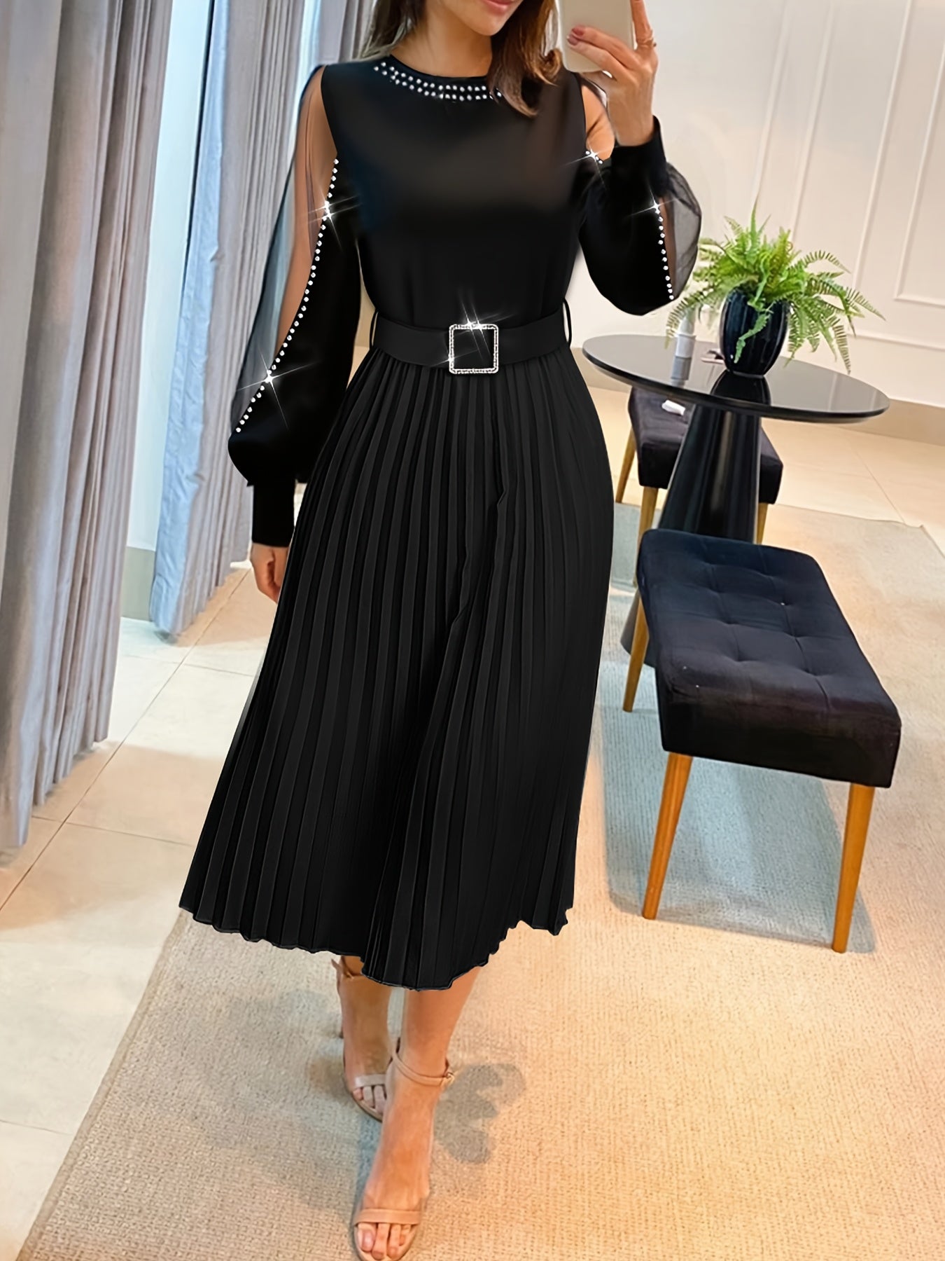 New Fashion Styles for The 2025 Holiday Season, Women'S Long-Sleeve Pleated Dress with Mesh Panels And a Belt Adorned with Rhinestones.