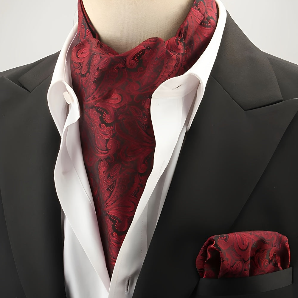 2pcs Ascot Homme – Écharpe et Pochette Style Rétro Britannique pour Mariages et Événements, Motifs Pois/Paisley/Fleur