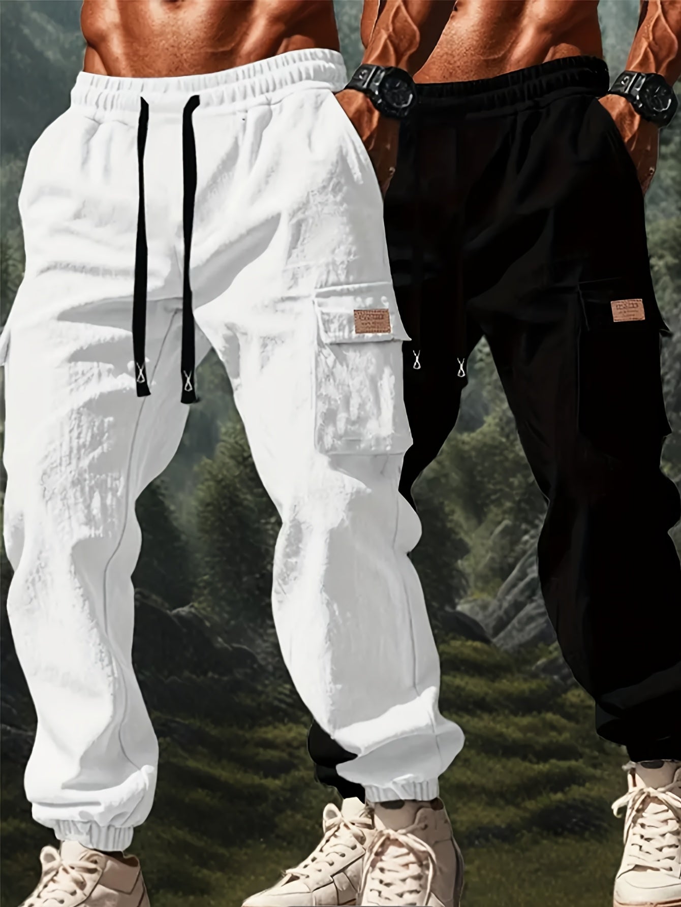 Pantalons de travail robustes pour homme (2 pièces) – cargos complets à multiples poches utilitaires, taille à cordon, coton non extensible, coupe ample (noir et vert olive)