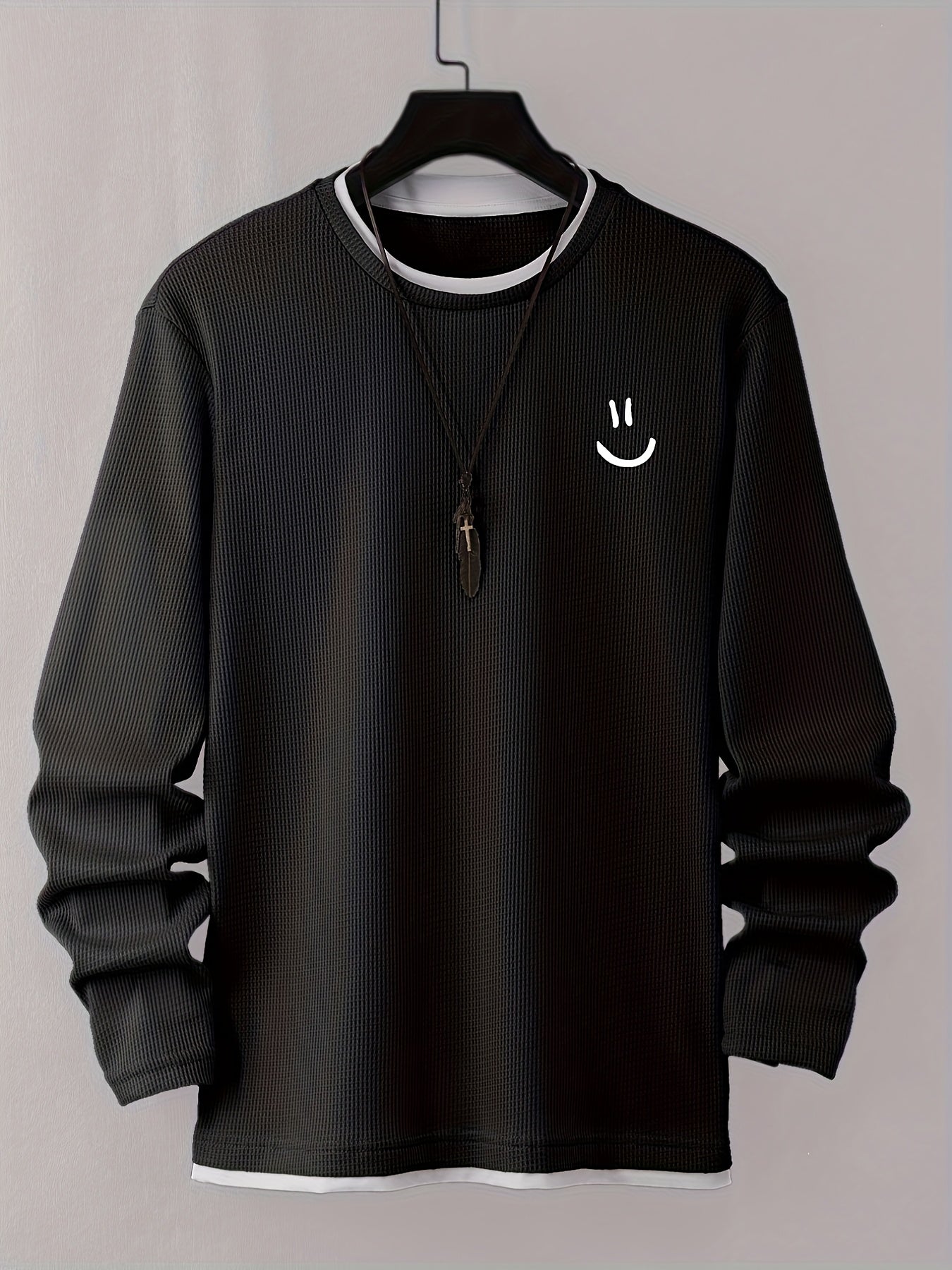 Stylish Cartoon joyful Print Comfortable Sweat-Absorbing Waffle Knit Men's Casual Long Sleeve T-Shirt