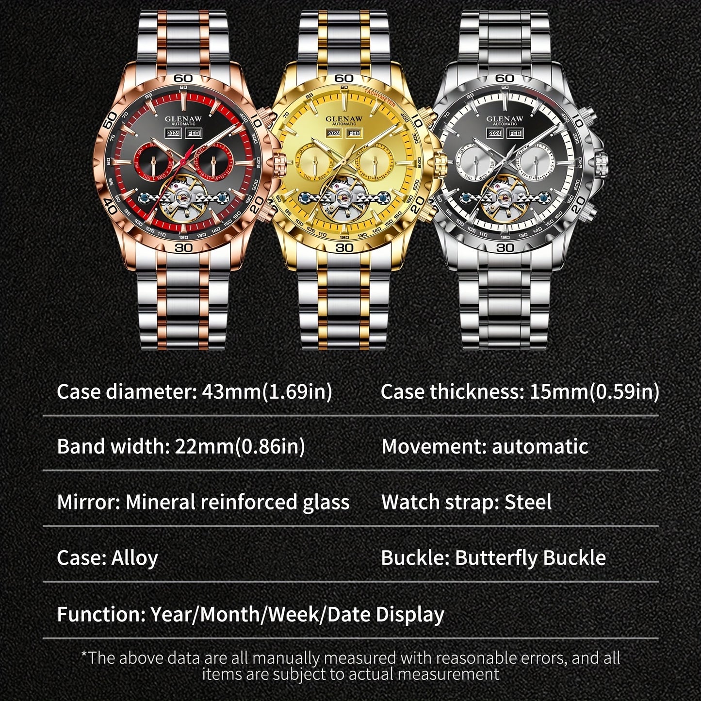 Montre automatique pour homme – Montre multifonctionnelle avec boîtier et bracelet en acier inoxydable, montre mécanique à remontage automatique avec affichage de l’année, du mois, du jour et de la semaine