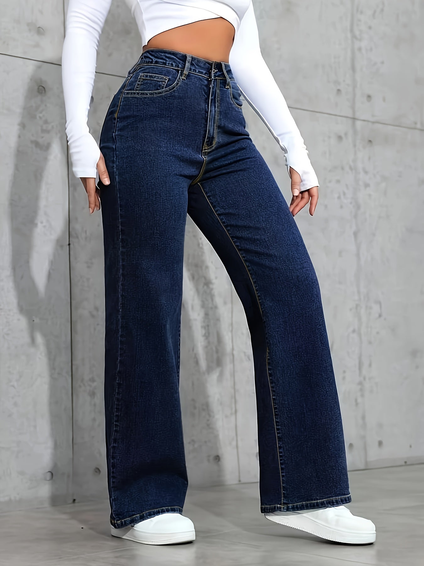 Jeans Femme Style Basique Bleu Effet Usé Jambe Droite Décontracté Poches Multifonction Extensible Confortable Polyvalent