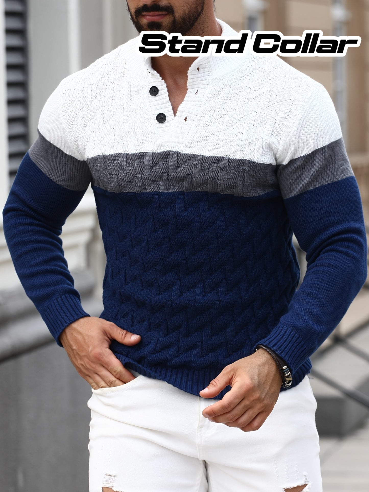 Men'S Casual Stand Collar Pullover Sweater - Stylish Quarter Button Geometric Knit Design, Long Sleeve, Regular Fit for Fall/Winter