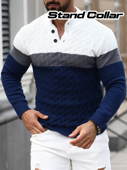 Men'S Casual Stand Collar Pullover Sweater - Stylish Quarter Button Geometric Knit Design, Long Sleeve, Regular Fit for Fall/Winter