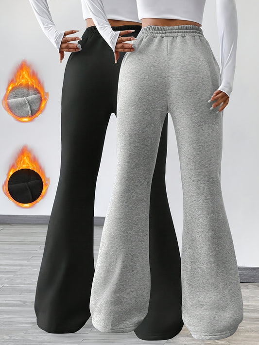 Ensemble Deux-Pièces Femme – Pantalon Évasé Taille Haute, Doublé Polaire, Taille Élastique avec Cordons et Poches