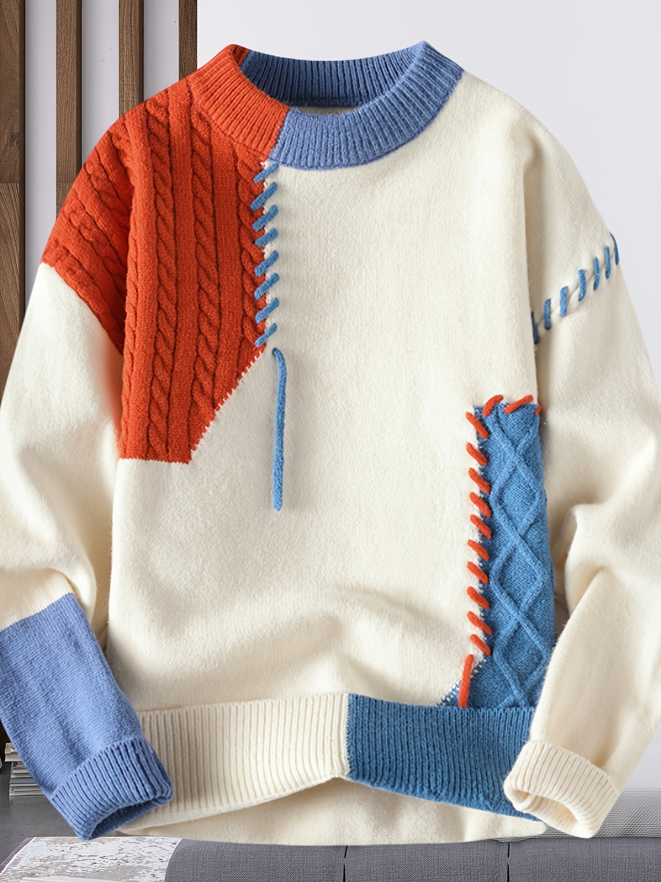 Men'S Korean Style Round Neck Sweater, Youth Fashion Patchwork Ribbed Thickened Warm Knit Shirt, Autumn and Winter New Color Block Casual Base Layer 668