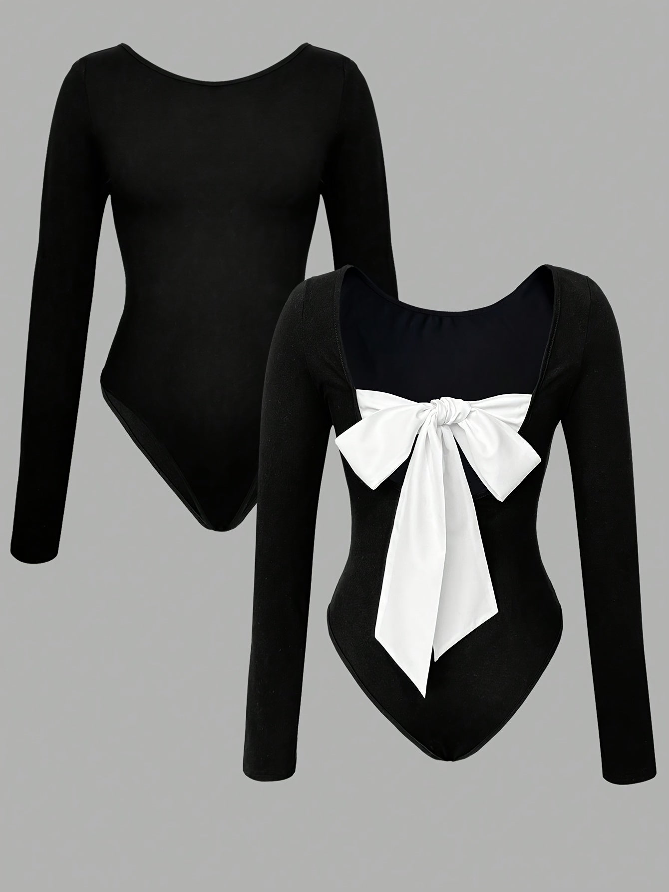 Body slim femme à manches longues, col rond, couleur unie, détail nœud au dos, style décontracté pour l’hiver, tissu extensible, lavable en machine, texture lisse