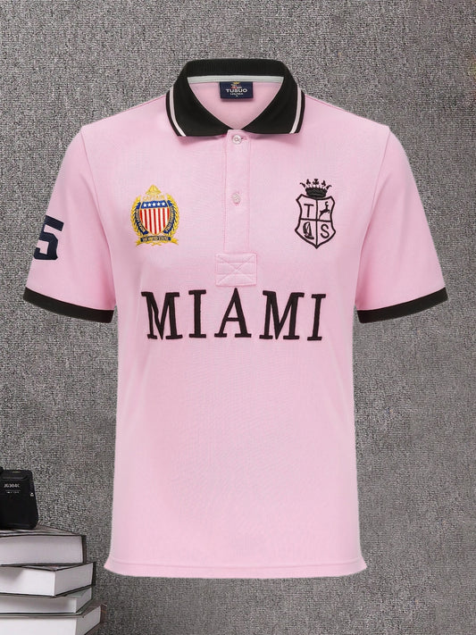 Men'S Miami Pink Polo Shirt | Slim Fit with Embroidered Details and Slit Hem, Casual Style