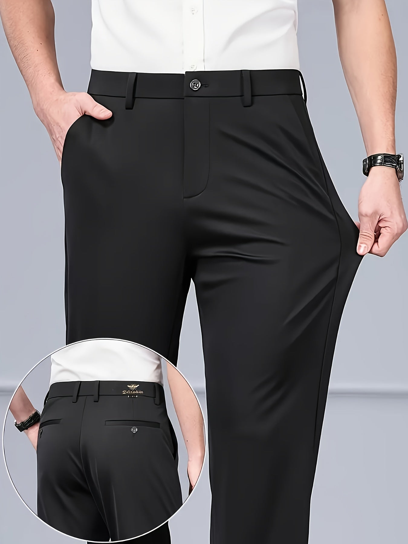 Pantalon habillé infroissable et extensible pour homme – noir, toutes saisons, décoration subtile, taille élastique sans ceinture, coupe droite, idéal bureau, mariage et tenue professionnelle, lavable en machine