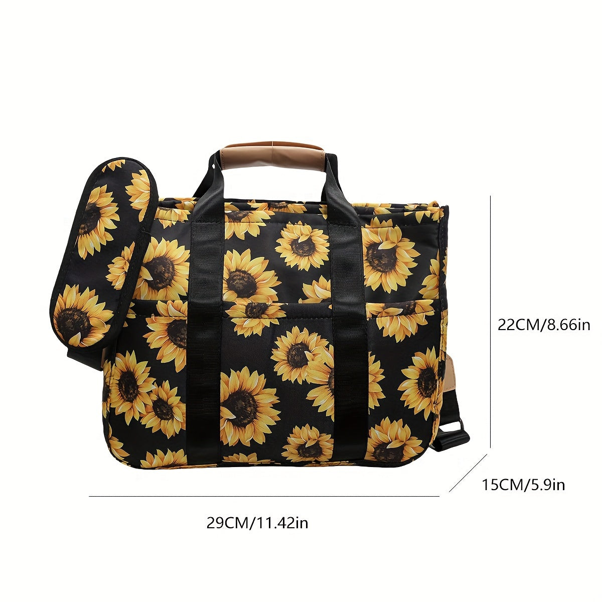 Sac Femme Grande Capacité – Imprimé Tournesol, Cabas et Bandoulière, Bandoulière Longue Ajustable, Matériel Doré, Multi-Compartiments, Tissu Durable pour Travail et Voyage