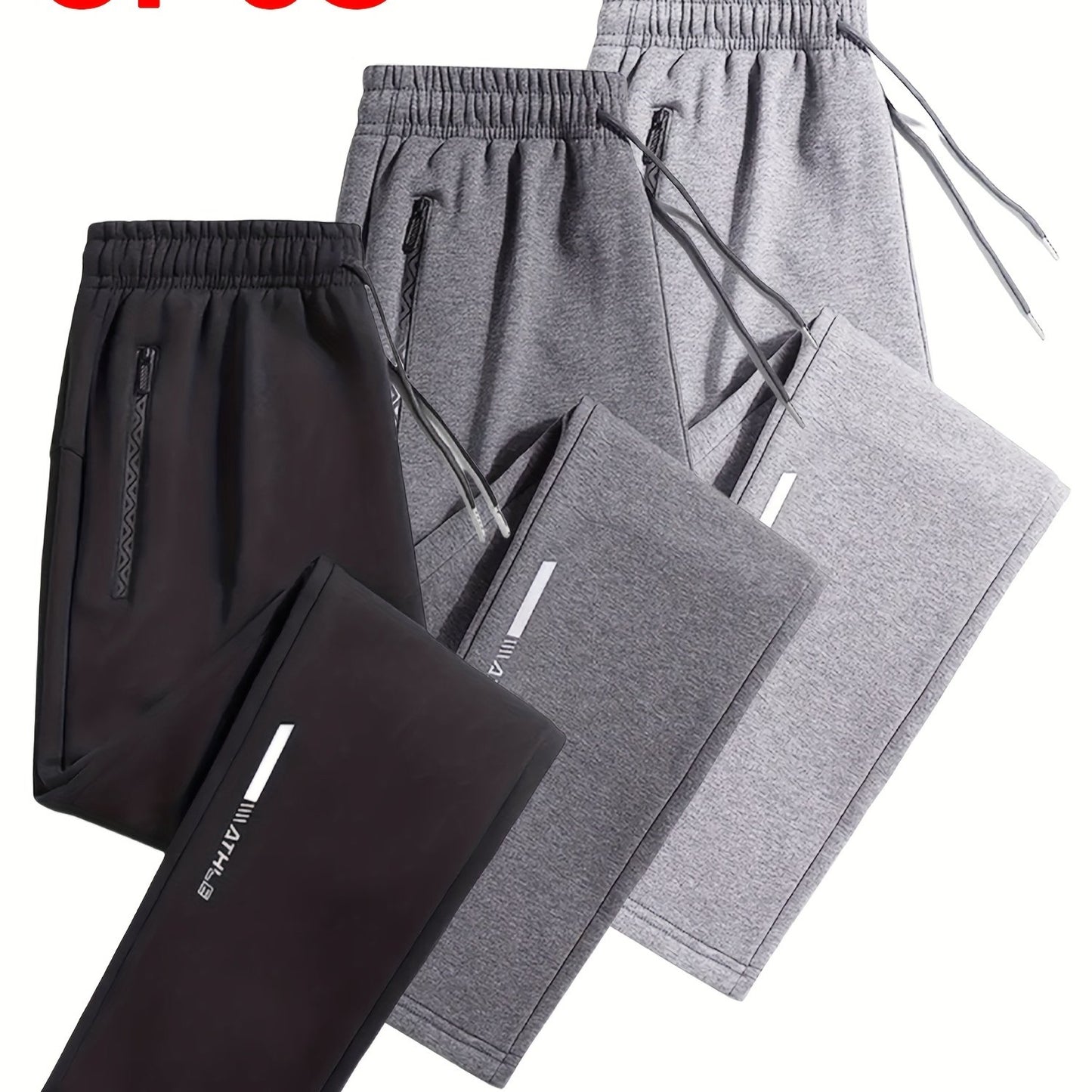 Lot de 3 Joggers Homme – Tissu Maille Douce, Taille à Cordon, Jambe Droite, Poches Zippées, Gris Chiné/Bleu Marine