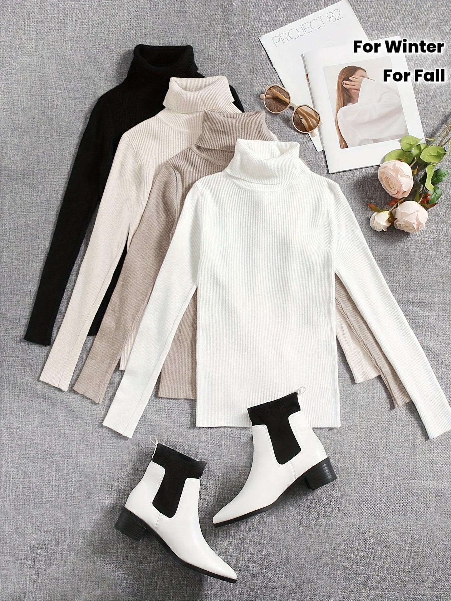 Pull Col Roulé Élégant pour Femme – Ensemble Haut à Col Montant, Manches Longues Confortables en Blanc et Marron, Idéal Automne/Hiver, Pièce de Superposition Stylée, Vêtement d’Hiver Élégant