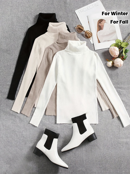 Pull Col Roulé Élégant pour Femme – Ensemble Haut à Col Montant, Manches Longues Confortables en Blanc et Marron, Idéal Automne/Hiver, Pièce de Superposition Stylée, Vêtement d’Hiver Élégant