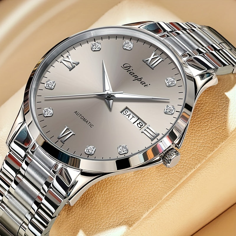 Men's Automatic Mechanical Watch Stainless Steel Luxury Rhinestone-Accented Dial Date Display Business Casual Wristwatch Gift for Him, Bling Watches, Formal Timepiece