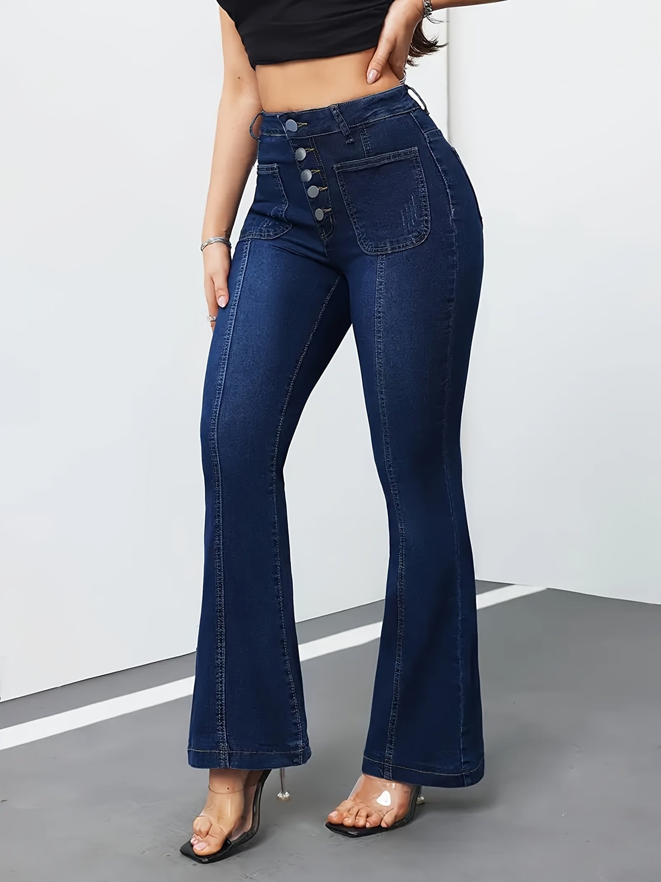 Jeans Femme Extensible Slim-Fit Taille Haute Boutons Micro Évasé Couleur Unie Toute Saison Lavable Confortable Élégant