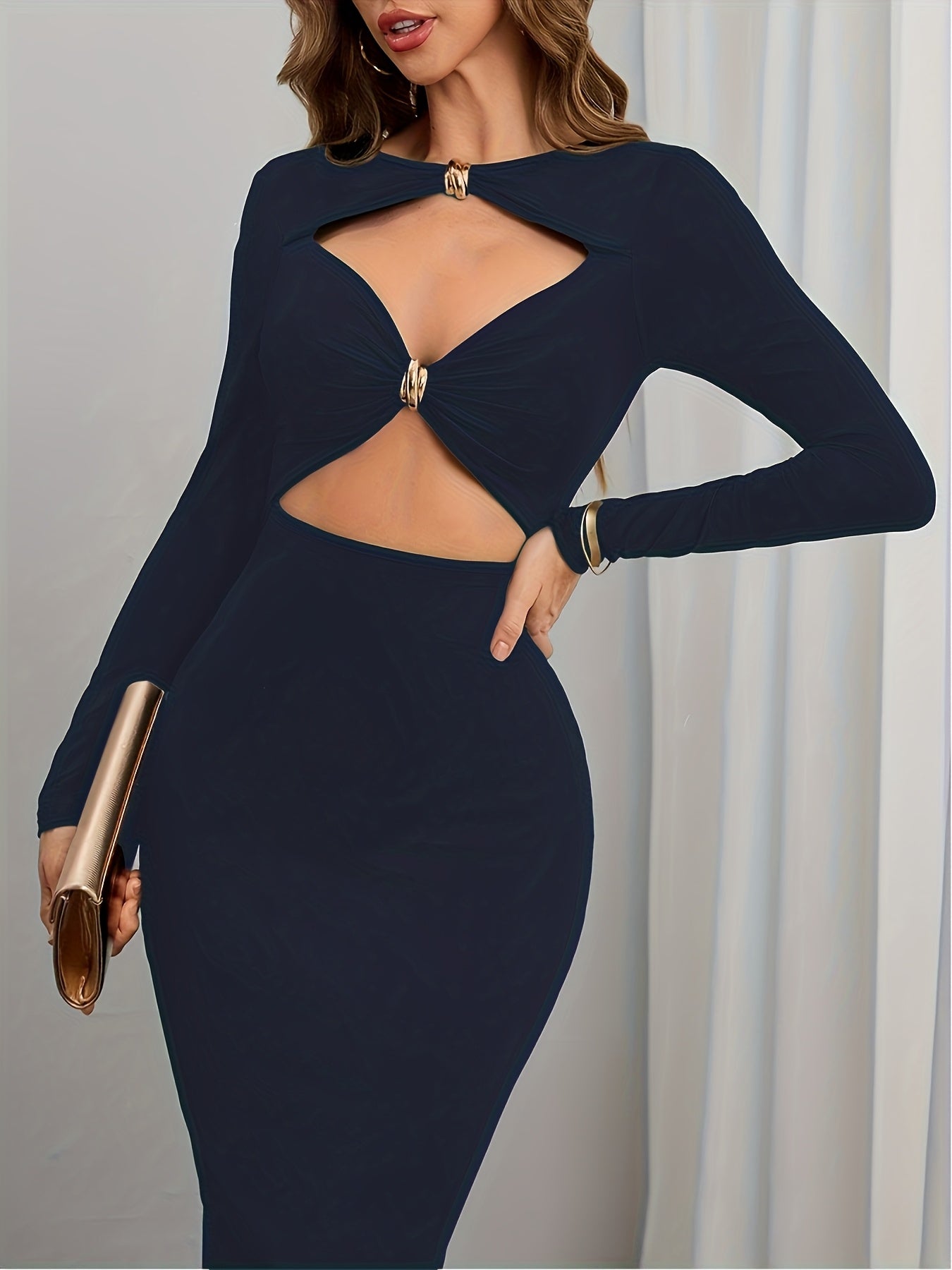 1 robe femme élégante bleu marine pour soirée formelle – manches longues, col rond, coupe A-line avec design croisé dans le dos, ajustement structuré, idéale pour mariages et galas