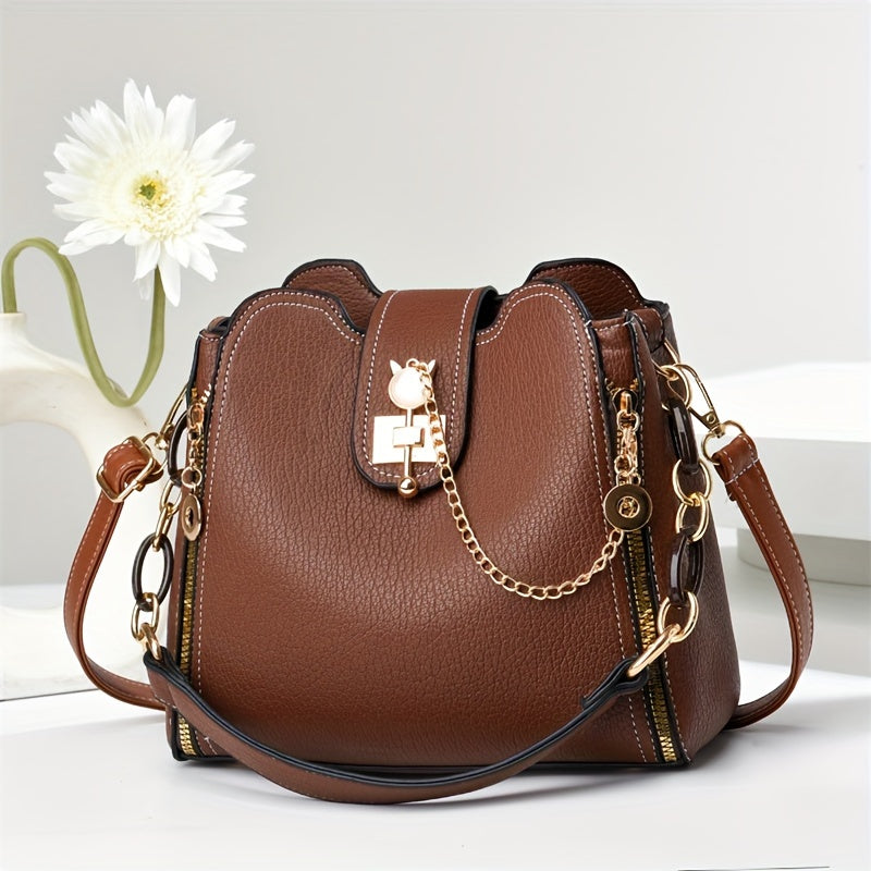 Sac élégant pour femmes – polyvalent, fermeture zippée, doublure polyester, breloque décorative, accessoires dorés, sac quotidien