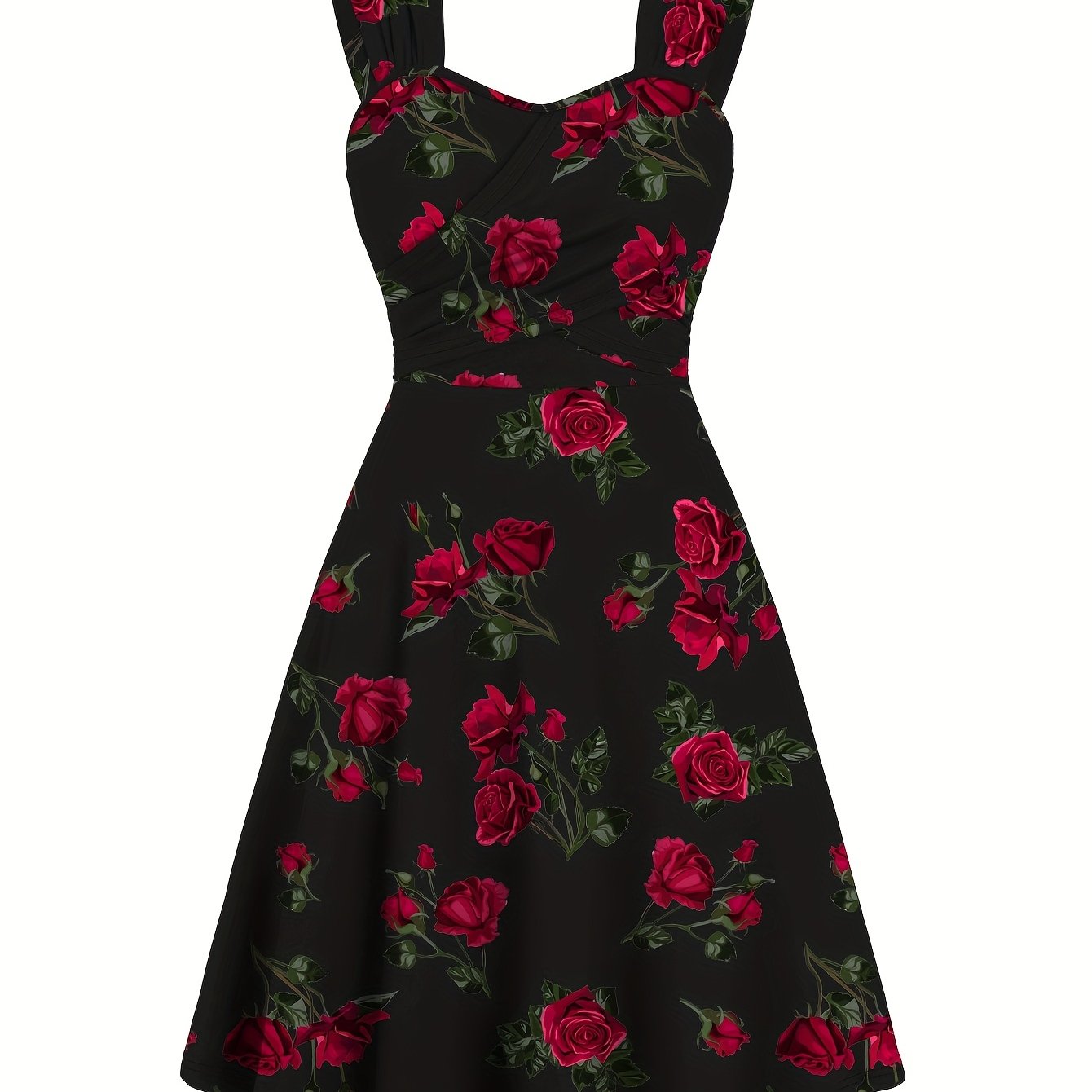 Robe élégante décontractée pour femme, imprimée de roses, plissée sur le devant, à larges bretelles croisées et épaules dénudées