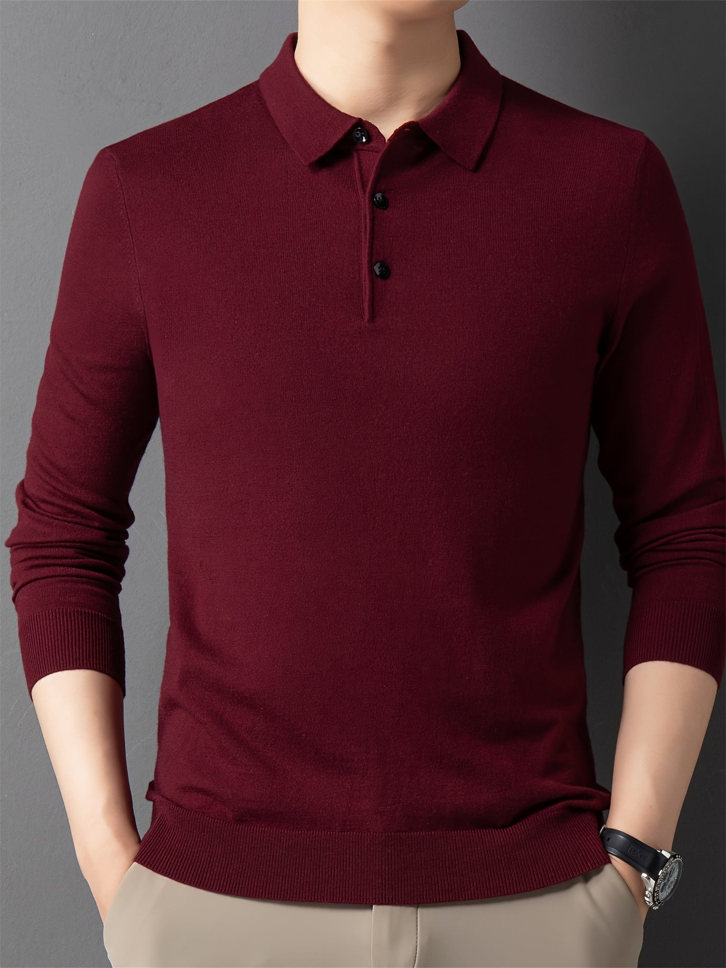 Men'S Slim-Fit Long Sleeve Shirt - Soft Stretchy Knit Button-Front Collar, Solid Color Casual & Formal Tops for Spring/Fall, Office, Party, Everyday - Easy-care Men'S Clothing, Office Attire, Classic Collar, Durable Construct