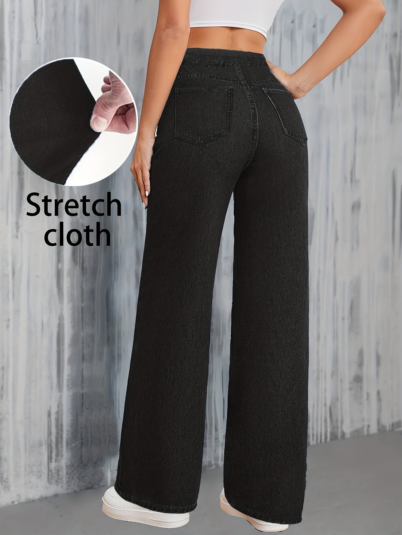 Jeans Femme Taille Haute – Jambe Droite Extensible, Bleu Effet Usé, Tous Saisons, Bureau et Décontracté