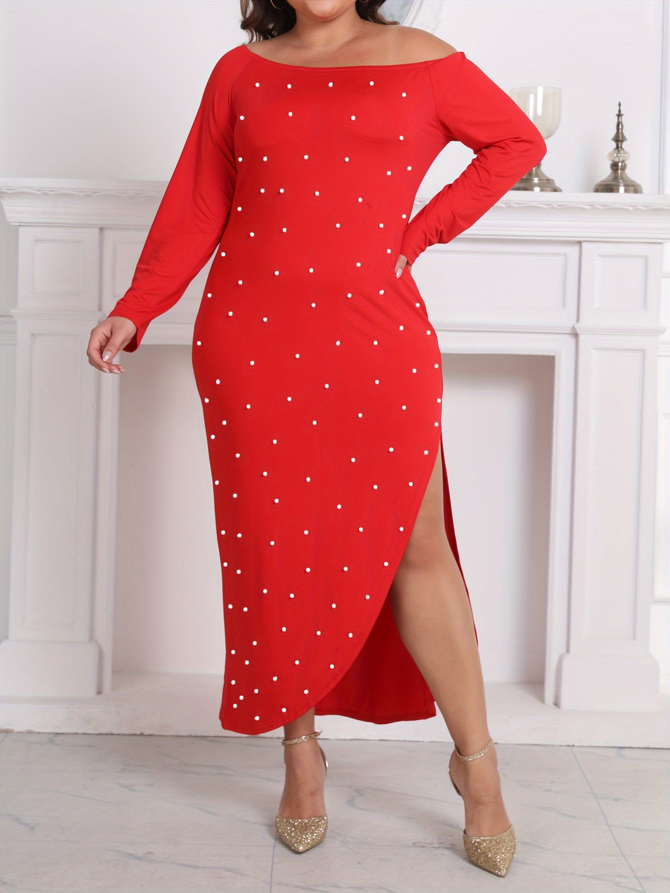Robe Grande Taille Femme – Élégante, Décoration Perles, Décolleté Une Épaule, Fente sur le Côté