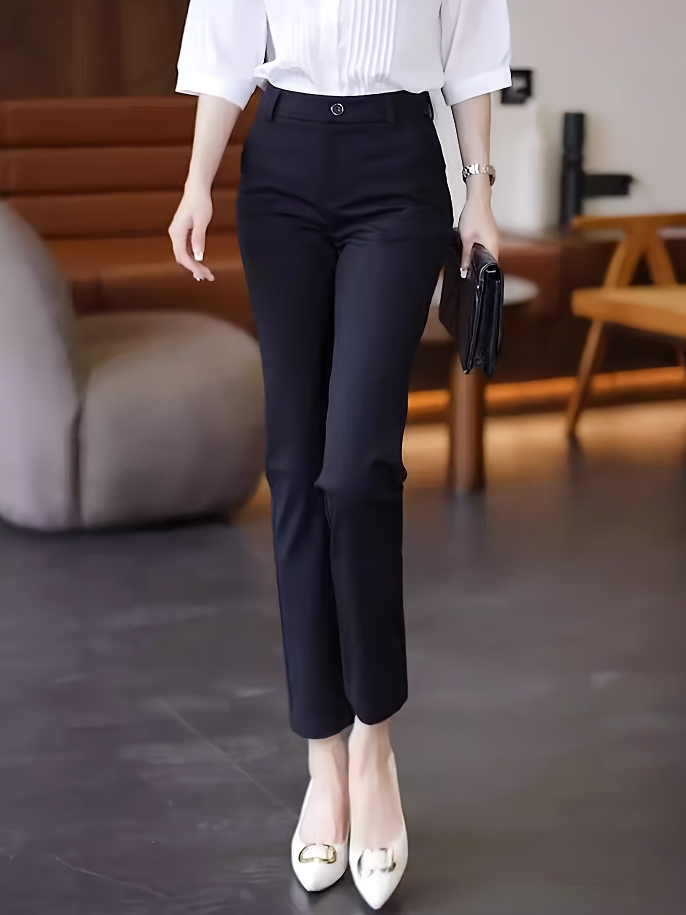 Pantalon Femme Taille Haute – Jambe Droite Noir, Confortable, Taille Élastique, Boutons, Bureau et Décontracté