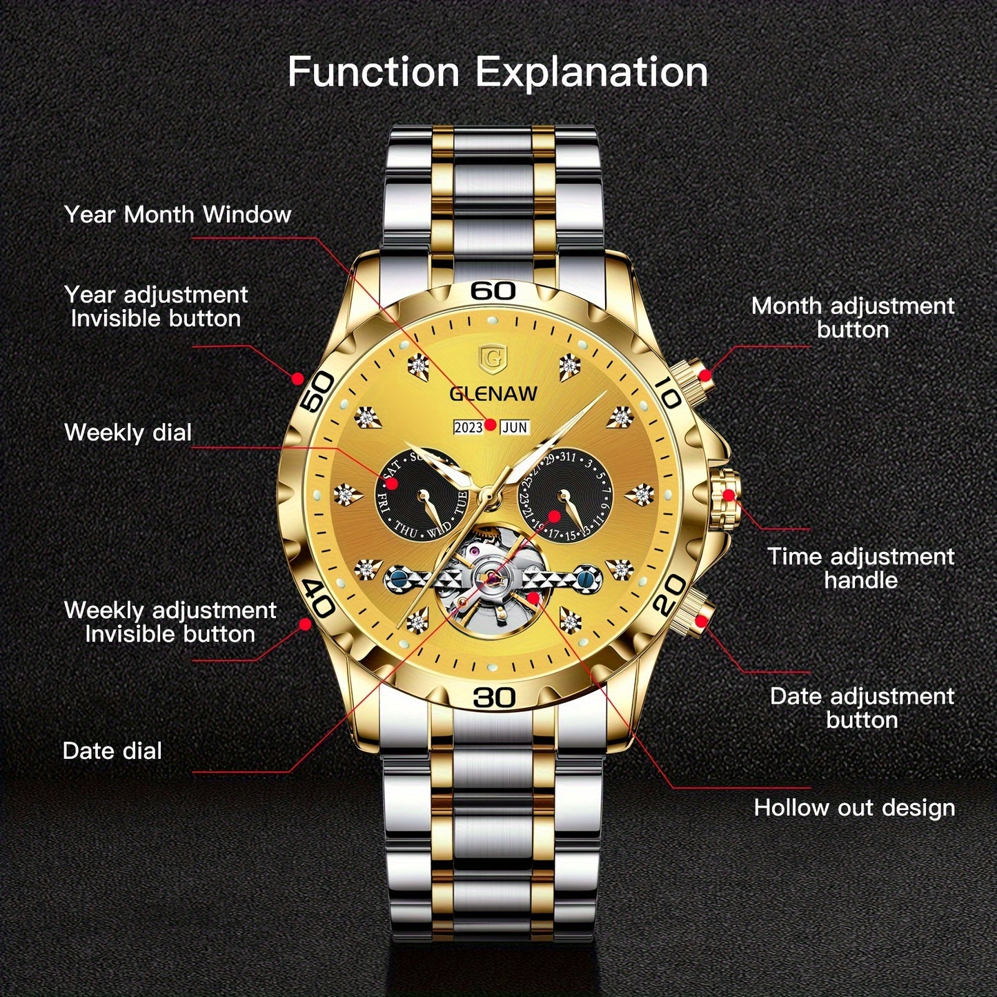 Montre automatique pour homme, bracelet en acier inoxydable avec strass, montre mécanique squelette à remontage automatique avec affichage du jour, de la date, du mois et de l’année – Cadeau idéal pour homme