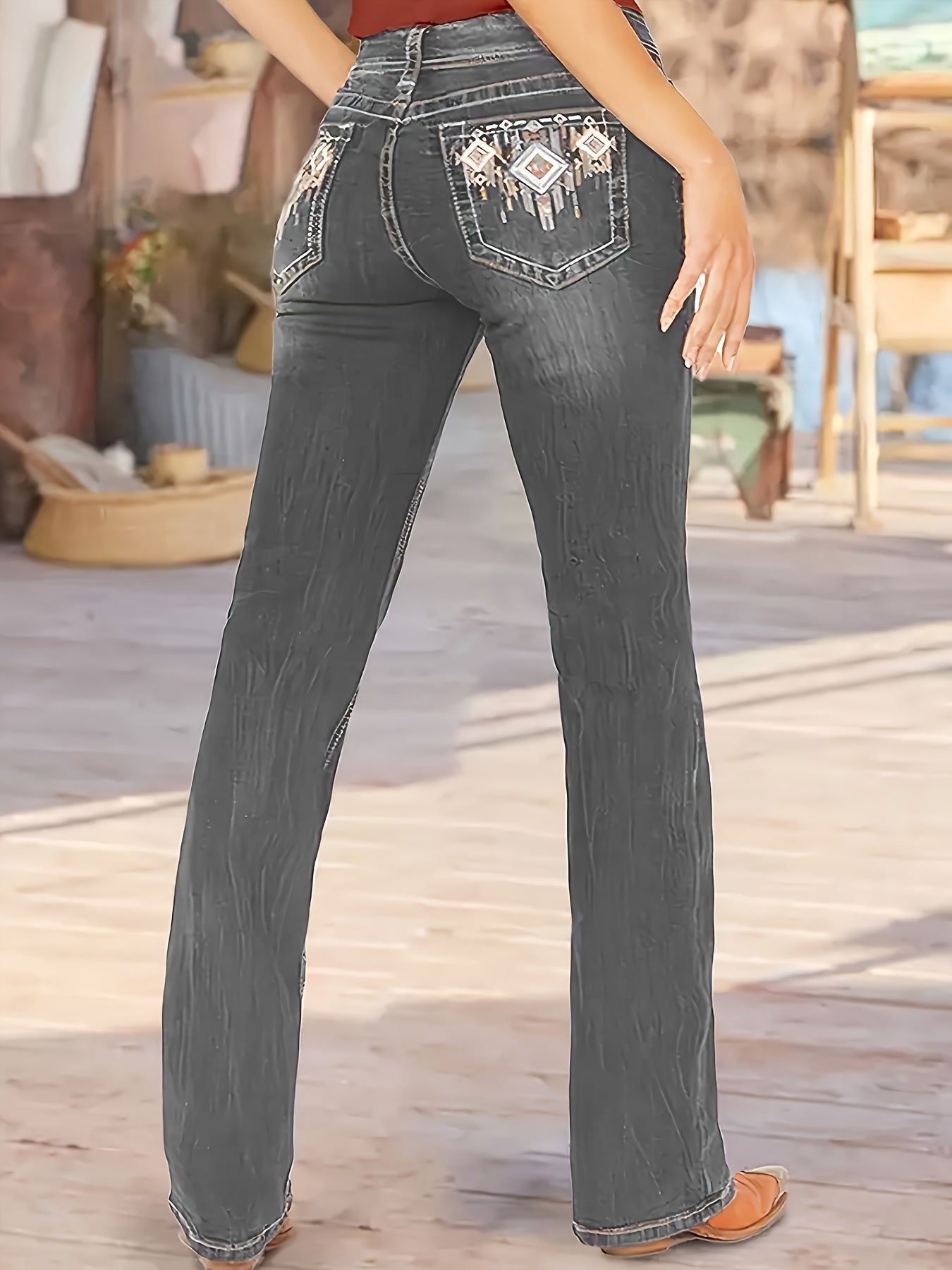 Jean droit casual pour femmes – Polyester extensible, couleur unie, fermeture éclair et bouton