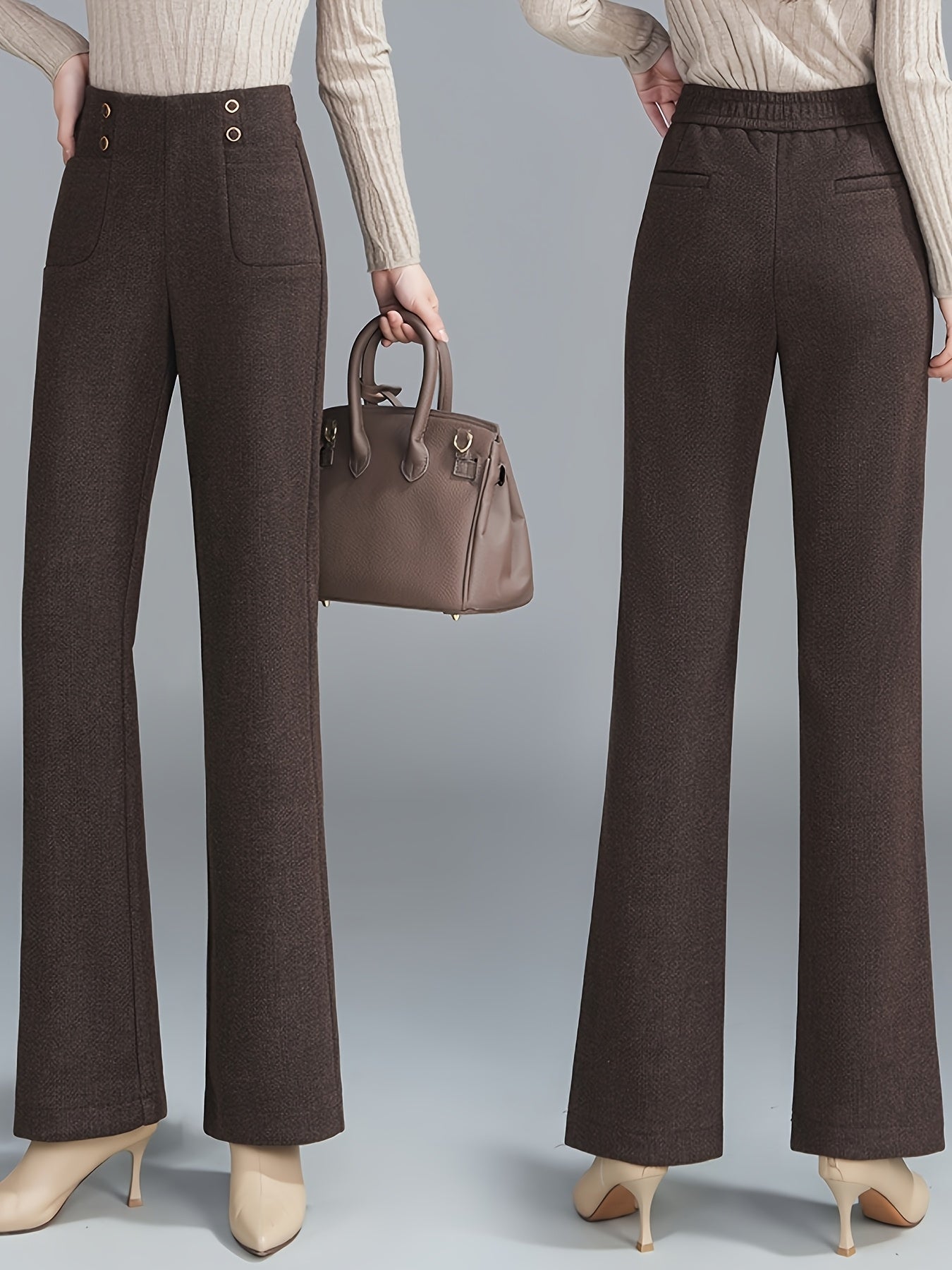 Pantalon Femme en Tweed Laine-Mélange – Jambe Droite, Taille Élastique avec Boutons, Marron Foncé, Automne/Hiver, Élégant et Décontracté