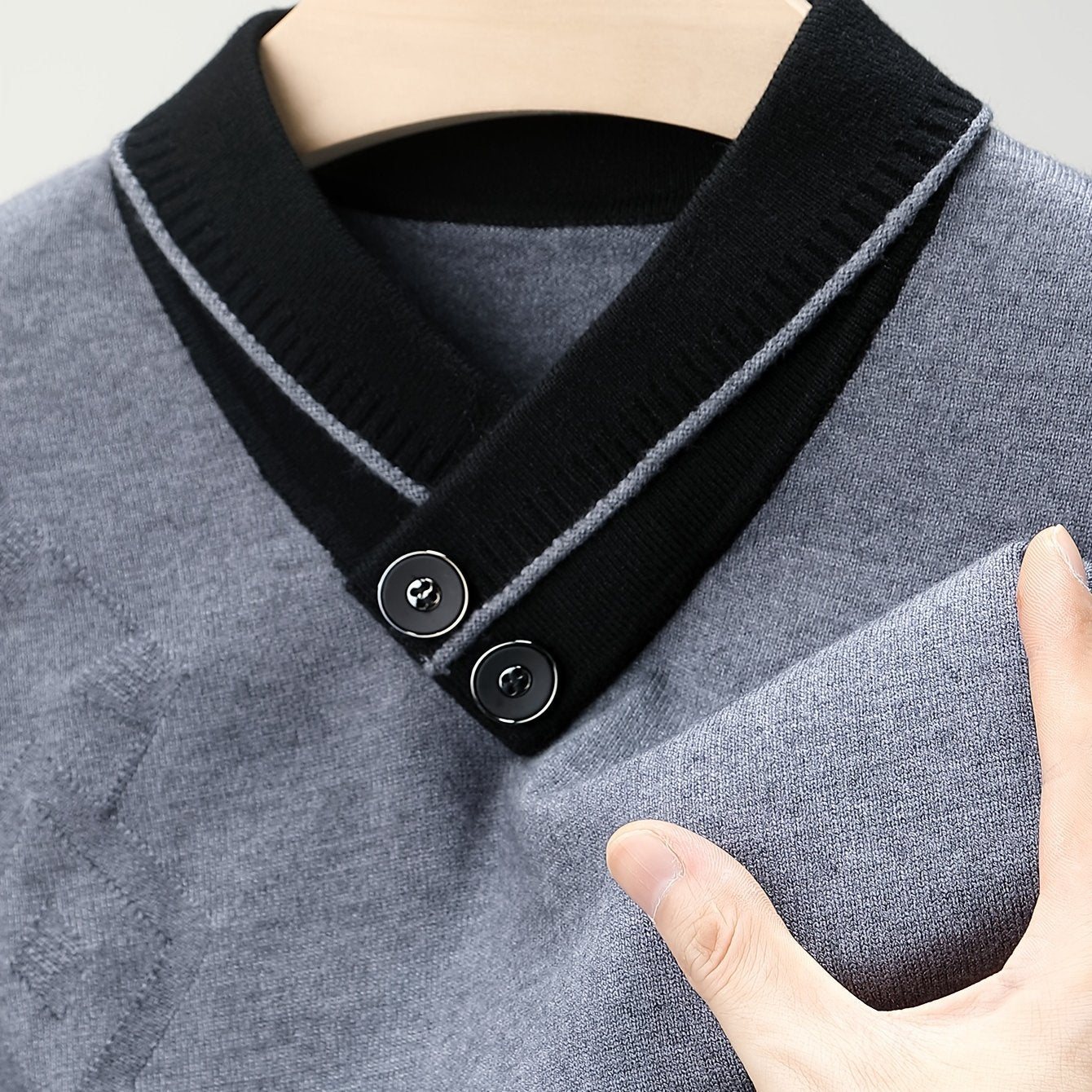1pc Men'S Winter V-Neck Sweater with Dual Button Detail - Color Block Knit Pullover, Viscose Fabric, Long Sleeve, Regular Fit, Casual Style for Fall/Winter - Soft, Warm, Skin-Friendly Inner Layer, Thick
