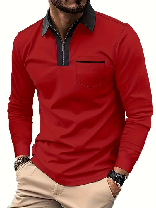 Men'S Light Blue Long Sleeve Polo Shirt with Zipper Collar & Chest Pocket - Casual Button-Up Shirt for Spring/Fall, Regular Fit, Solid Color, Spring Fall Apparel | Zipper Collar Shirt | Slight Stretch Fabric