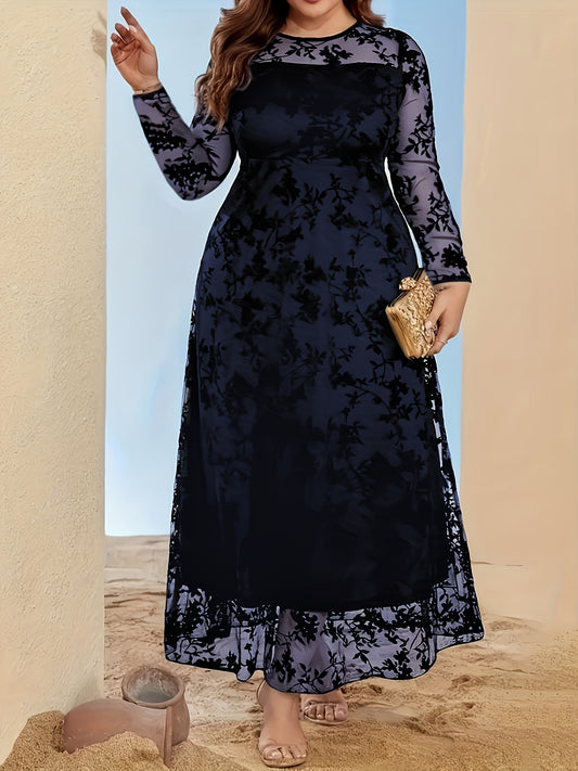 Robe Grande Taille Élégante – Imprimé, Manches Longues, Ourlet en Mesh Flocké, Haut Bodycon et Jupe Évasée en Forme de Cloche, Toutes Saisons, Tenues de Fête, Couture de Qualité, Tissu Respirant