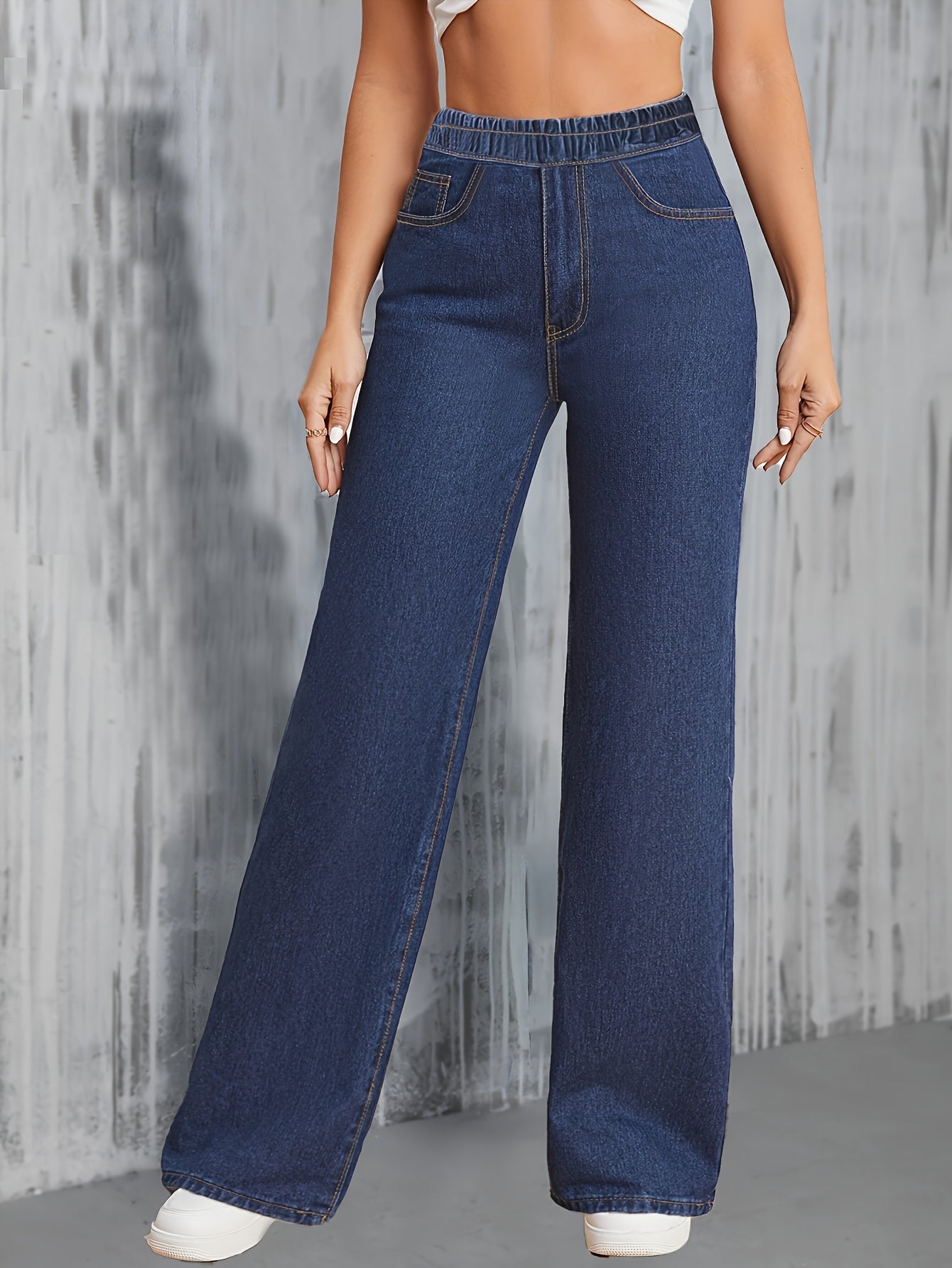 Jeans Femme Taille Haute – Jambe Droite Extensible, Bleu Effet Usé, Tous Saisons, Bureau et Décontracté