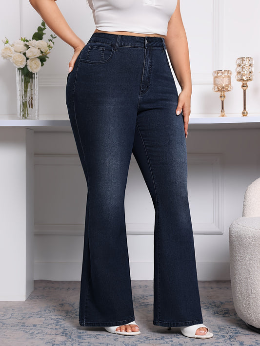 Jeans Femme Grande Taille Extensible Jambe Évasée Décontracté Poches Couleur Unie Confort Toute Saison