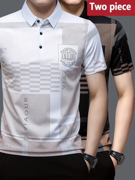 A Set of Two 380G Short-Sleeve Polo Shirts with a Collar, Featuring a Stylish Plaid Design And English Decorations for Men, Perfect for Summer.