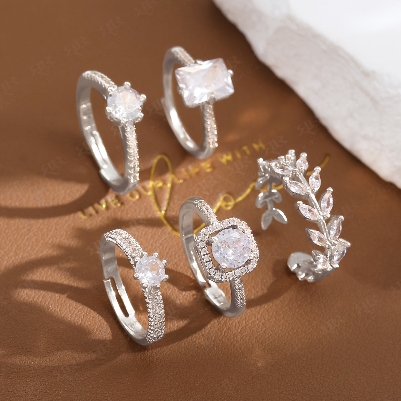 5pcs Set Women's Luxury Minimalist Cubic Synthetic Zirconia Wedding & Party Ring Set - Look Elegant for Daily Wear, Special Events, Year-Round Versatile Matching Set (No Plating)