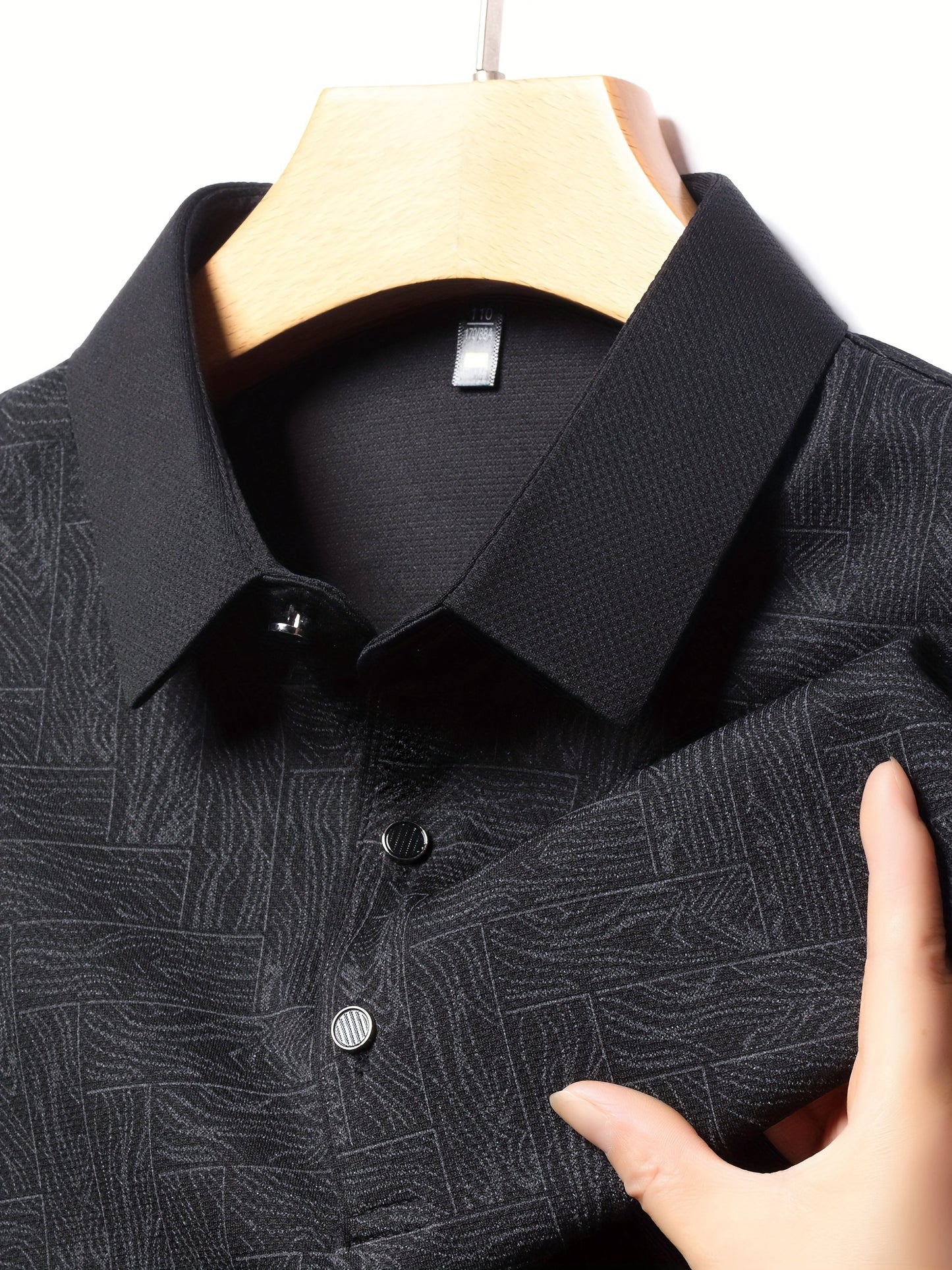 Men'S Geometric Mahjong Block Long Sleeve Polo Shirt - Casual & Stylish Business-Casual Lapel Collar, Polyester Blend, Perfect for Spring/Fall