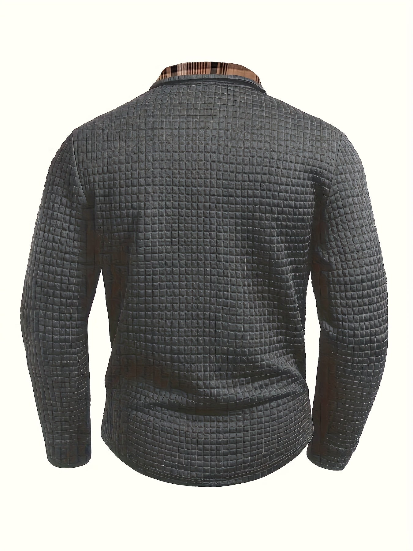 Men'S Casual Warm Long Sleeve Polo Shirt - Gray with Brown & White Plaid Collar, Button-Up Front, Textured Waffle Weave, Perfect for Fall, Casual Wear|Plaid Pattern Shirt|Buttonup Collar Shirt