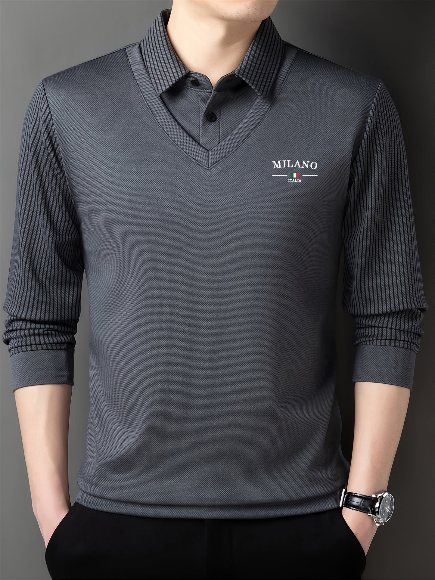 Men's All-Season Long Sleeve Shirt - Dark Green with White Contrast Collar &, Italian-Inspired Logo (Milano Italy Flag), Button-Front Placket, Casual to Smart-Casual Wear, Versatile for, Office & Everyday - Regular Fit