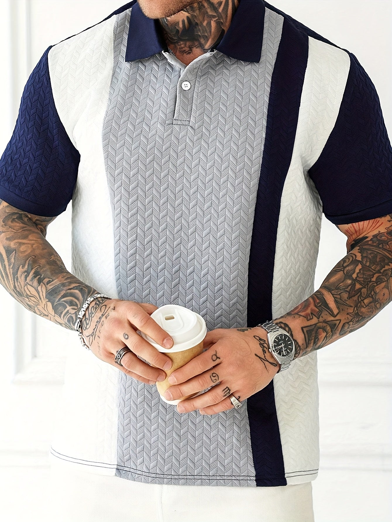 Men'S Short-Sleeve Polo Shirt with a Patchwork Design, Featuring Buttons And a Textured Knit, Perfect for Casual Summer Wear with a Stylish And Comfortable Fit.