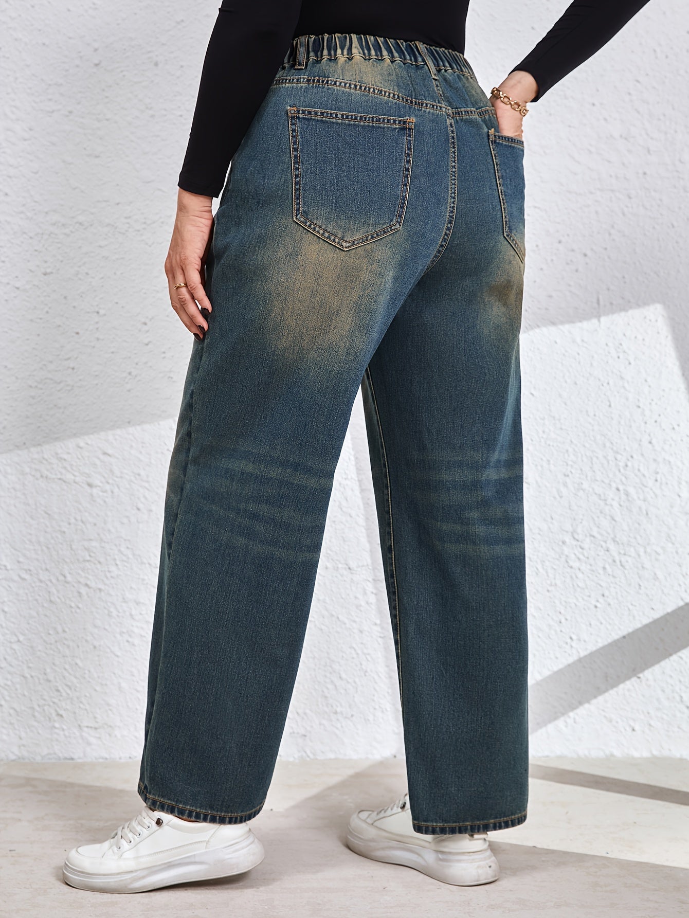 Jeans Femme  Vintage Effet Usé Jambe Droite Non Extensible Boutons Décontracté Automne/Hiver Streetwear Durable