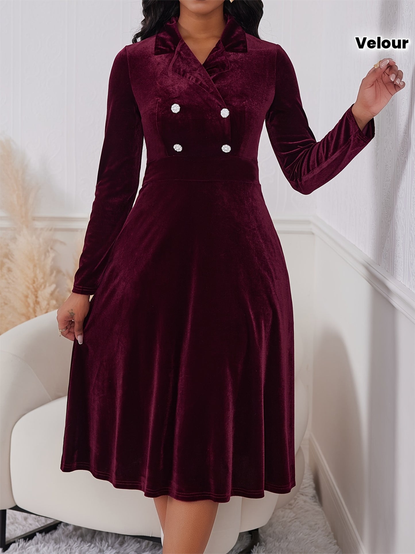 Ensemble Robe Femme Élégant Velours Bourgogne – Coupe Slim A-Line, Col et Boutonnage à l’Avant, Manches Longues, Pantalon Mi-Long, Idéal pour Mariages, Affaires et Événements Formels, Lavable en Machine (Pas de Nettoyage à Sec)
