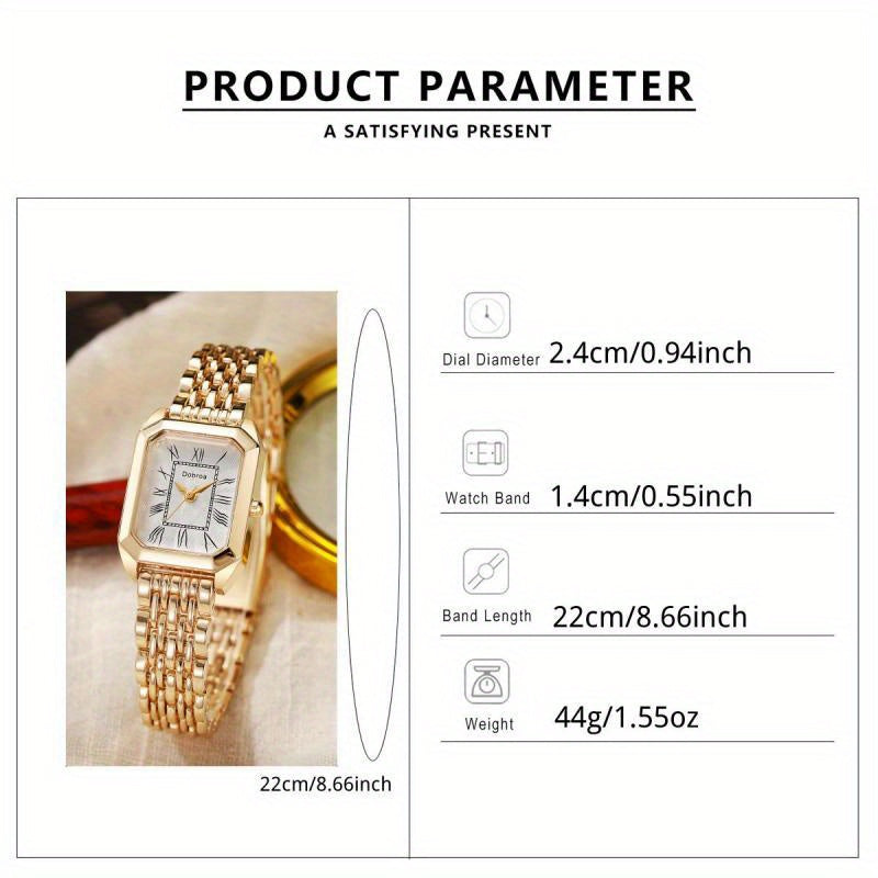 Montre Femme Classique – Boîtier Carré en Acier Inoxydable Hypoallergénique et Ton Doré, Cadran Chiffres Romains, Affichage Analogique Rond, Pile Non-Rechargeable, Élégante, Minimaliste et Polyvalente pour le Quotidien