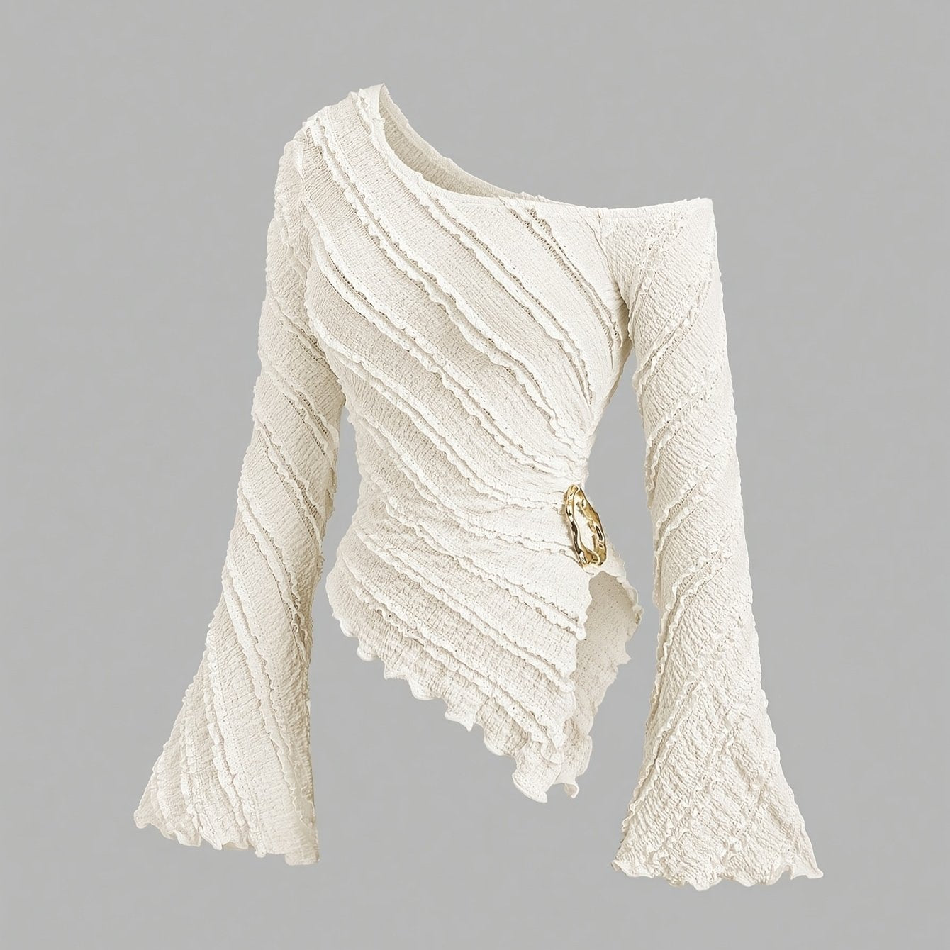 Blouse asymétrique manches cloche pour femmes – col avec boutons métal, semi-transparente, anti-froissement, adaptée toutes saisons, tenue professionnelle décontractée à formelle