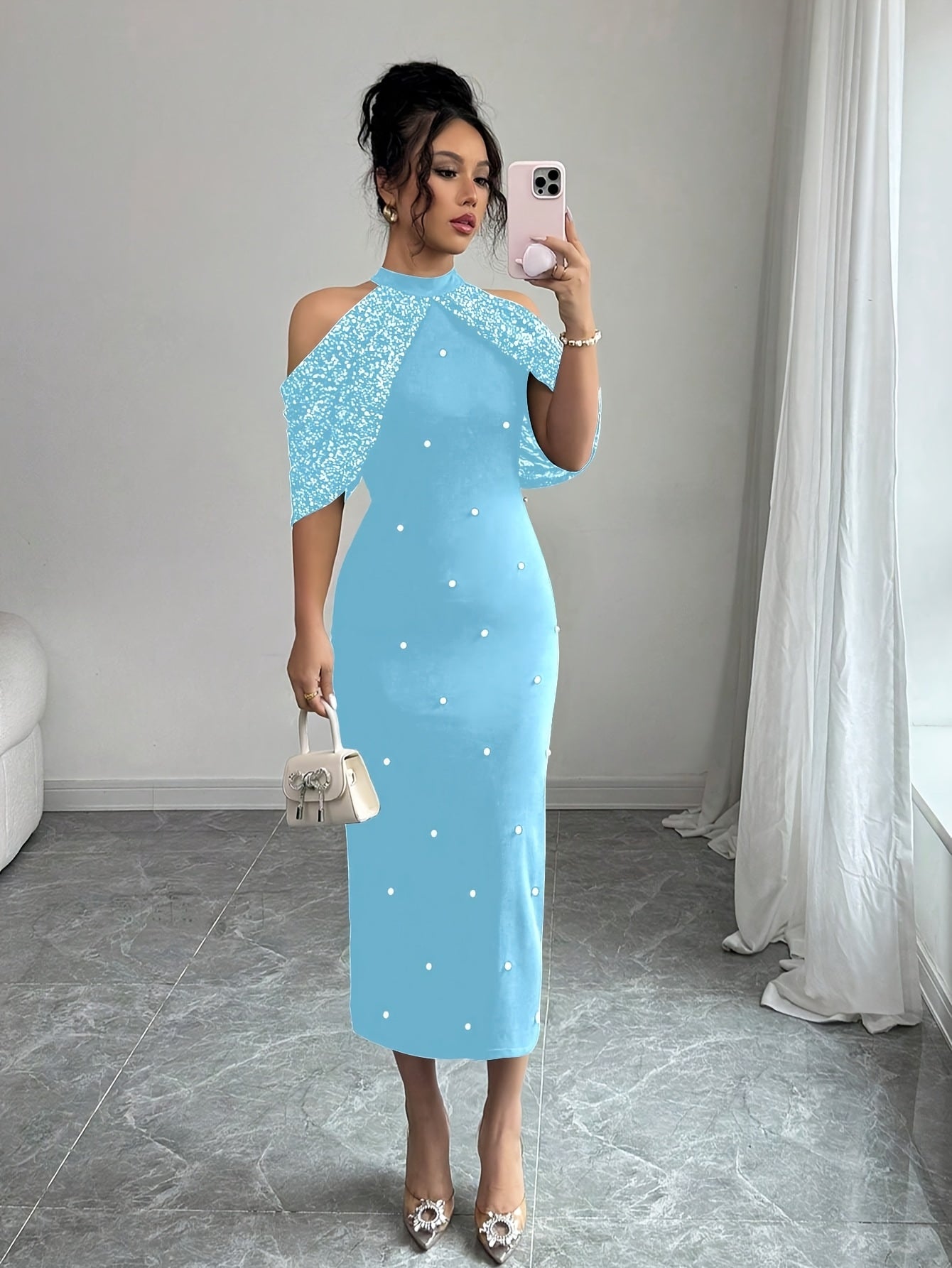 Pearl Bodycon Dress | Off-Shoulder Sequins + Back Cutout, an Elegant Evening Gown.